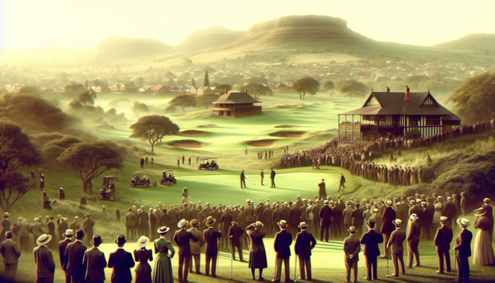 Pretoria Country Club: 1900s scene at Pretoria Country Club: Golf enthusiasts on a lush green course amid hills, trees, wooden clubhouses, and members sharing camaraderie.