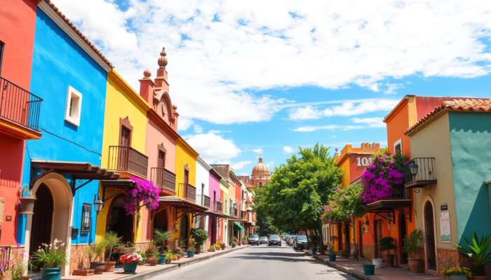 Vibrant street in San Miguel de Allende with colonial hotels, bed-and-breakfasts, and rentals, featuring colourful architecture, blooming flowers, and sunny skies.