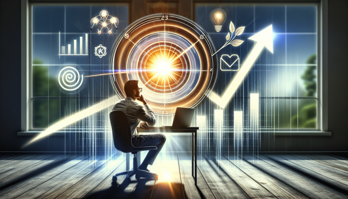 A focused entrepreneur in a modern Wareham office analyses Google Analytics, showing upward revenue graphs and highlighted KPIs for copywriting.