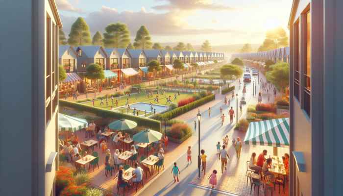 Vibrant mid-market neighborhood in Lephalale, with affordable family homes in Onverwacht and Marapong, lush parks, shopping streets, and families under a sunny sky.