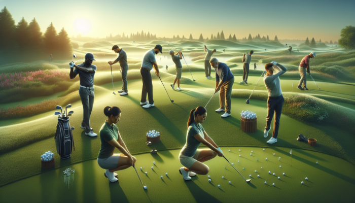 Focused golfers warming up on a dew-covered fairway at dawn, stretching, swinging clubs, and practicing putts under a soft sunrise glow.