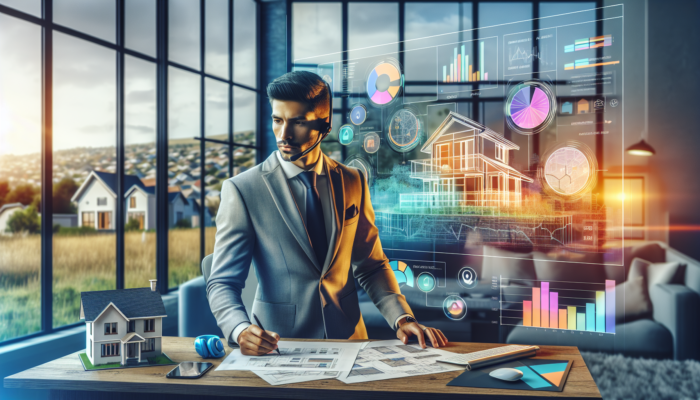 Confident estate agent in Kempton Park reviews property maps and testimonials in a modern office, surrounded by market charts and suburban views.