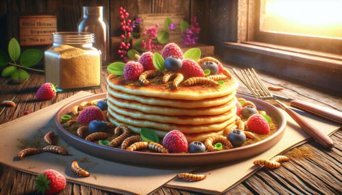 Golden pancakes made with cricket flour, topped with fresh berries and crushed mealworms, on a rustic wooden table in warm light.