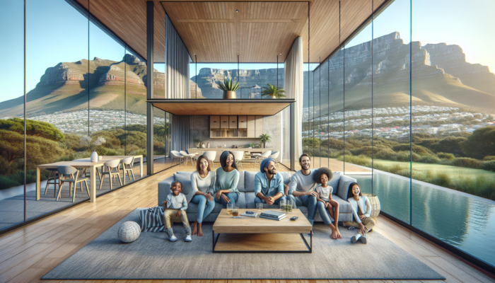 A modern Cape Town home with reinforced foundations, expanded living spaces, and a family enjoying Table Mountain views under a clear sky.