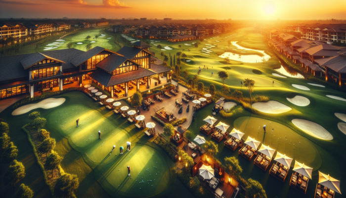 Aerial view of Windsor Park Golf Course at dusk, featuring a luxurious clubhouse, manicured greens, driving range, dining patios, and pro shop.