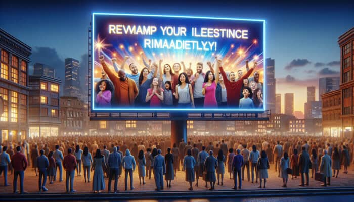 Urban twilight scene: a bright billboard displays "Transform Your Life Now!" with images of diverse individuals thriving, as a smiling crowd engages below.