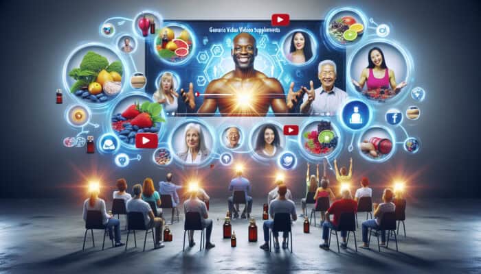 A vibrant advertisement for health supplements displays diverse individuals on screens sharing video testimonials, surrounded by glowing reviews and social media icons.