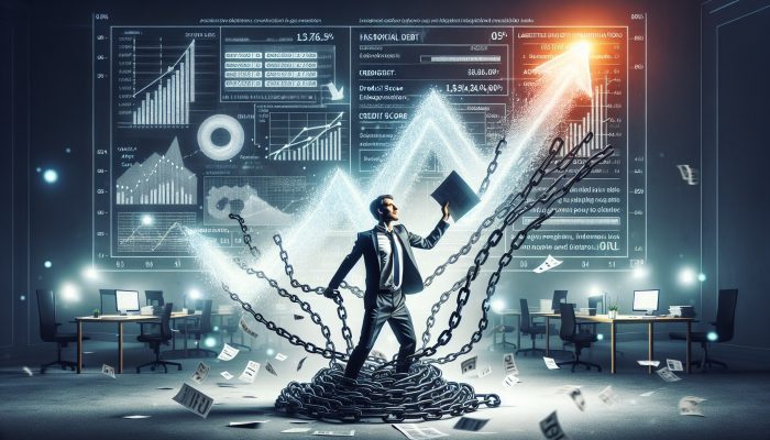 Self Employed Debt Consolidation: What to Know | DCL A determined self-employed professional in a UK office holds a payment plan, breaking debt chains with rising credit score graphs.