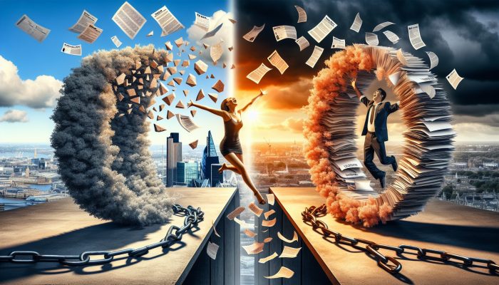 Stepchange vs Debt Consolidation Loans Compared | DCL Illustration of two UK financial paths: Joyful person breaking free from shattered debt chains under sunny London skyline, versus stressed individual trapped in looping bills from consolidation loans.
