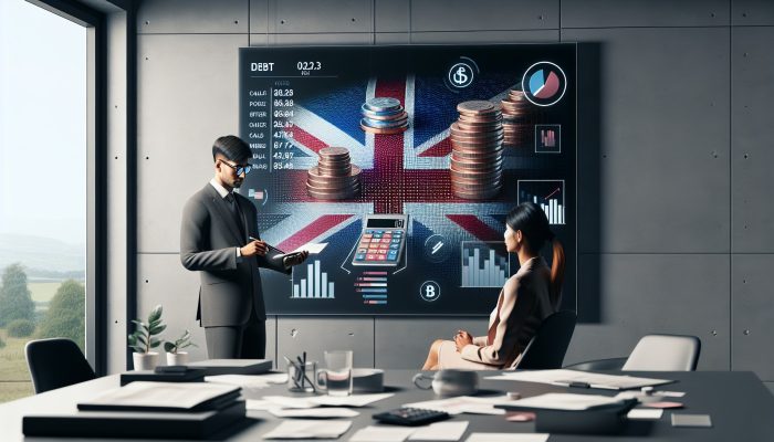 Consolidating Debt with a UK DMP in Place: Key Steps | DCL UK debt adviser consulting with relieved client in modern office, surrounded by financial charts, calculators, coins, and Union Jack flag.