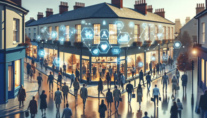A bustling Lechlade high street with a thriving retail store, crowds entering, and illustrations of digital marketing benefits like visibility icons and ad graphs.