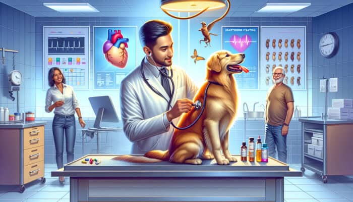 A vet examines a playful golden retriever with a stethoscope in a clinic, as the smiling owner watches, promoting routine heartworm testing and pet health.