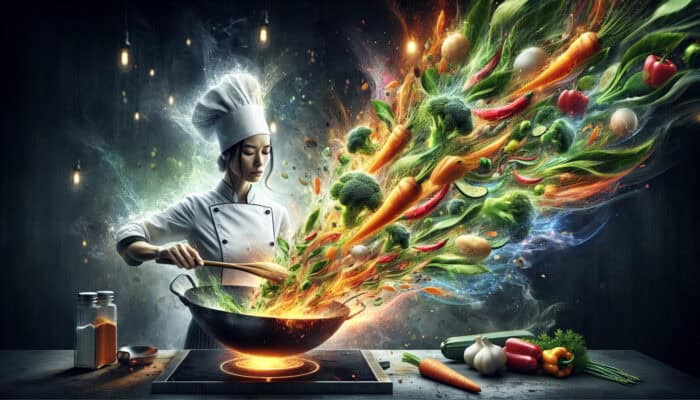 A skilled chef stir-fries colourful carrots, broccoli, bell peppers, zucchini, and greens in a sizzling wok for balanced cooking.