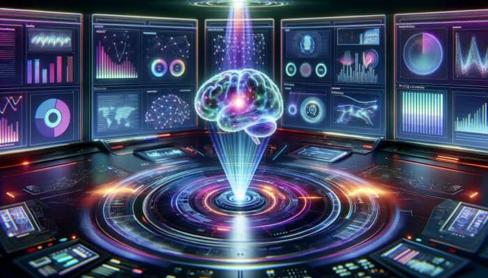In a futuristic command center, a glowing AI brain hovers over holographic screens showing predictive analytics, ad campaigns, and rising ROI charts.