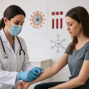 Doctor drawing blood for ferritin test in modern Mansfield clinic with iron diagrams.