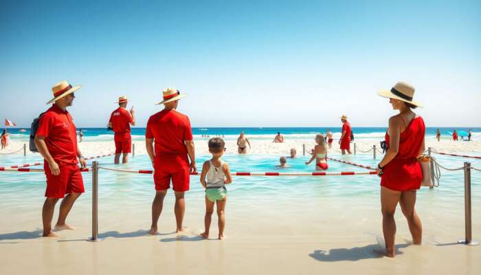 A beach scene with lifeguards in red uniforms overseeing swimmers in designated areas, families wearing hats and sunglasses under the bright sun.