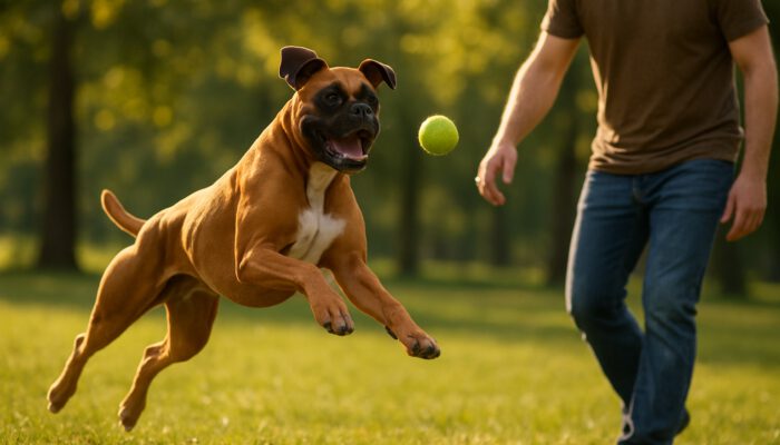 Muscular Boxer dog leaping joyfully to fetch a ball in a sunlit park.