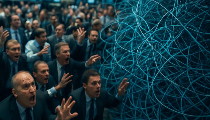 Bustling stock exchange floor with frantic traders and tangled wires symbolising network delays.