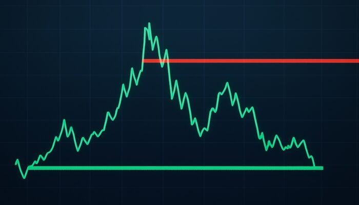 Bitcoin chart illustrating a green support line and red resistance in crypto trading.