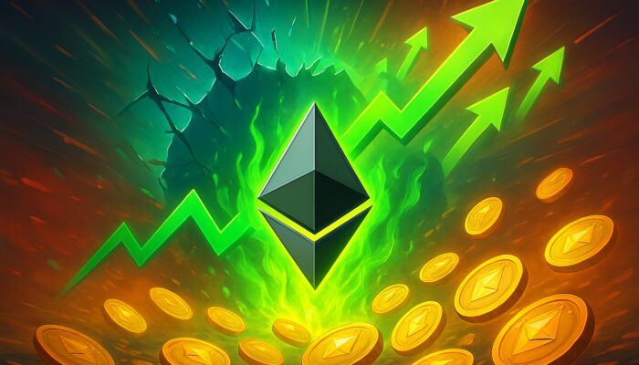 Ethereum price chart: upward breakout through a shattered barrier with green flames and bullish arrows.