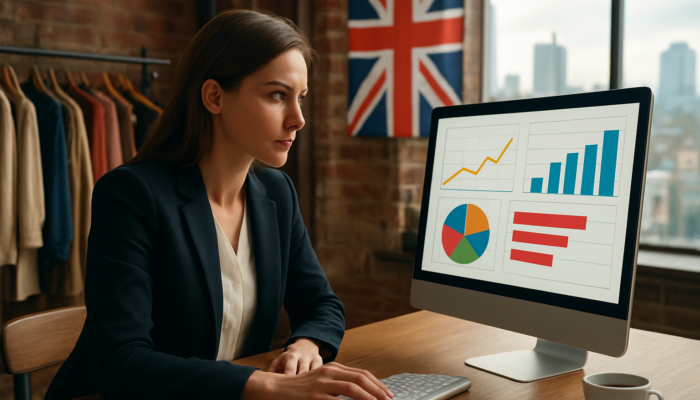 Determined entrepreneur in Manchester boutique analyses surging Google Analytics graphs with Union Jack background.