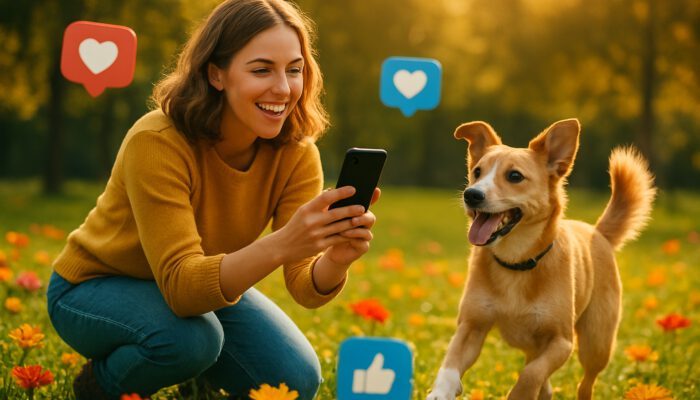 Joyful pet owner photographing a playful dog in a sunlit park, surrounded by flowers and social media icons.