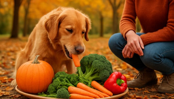 Joyful dog enjoying fresh seasonal vegetables in an autumn park with owner.