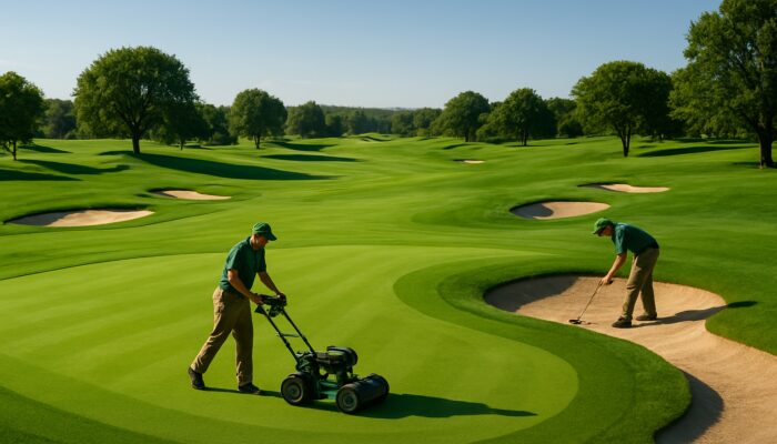 Meticulously maintained greens, fairways, and bunkers at Maccauvlei Golf Club under clear skies.