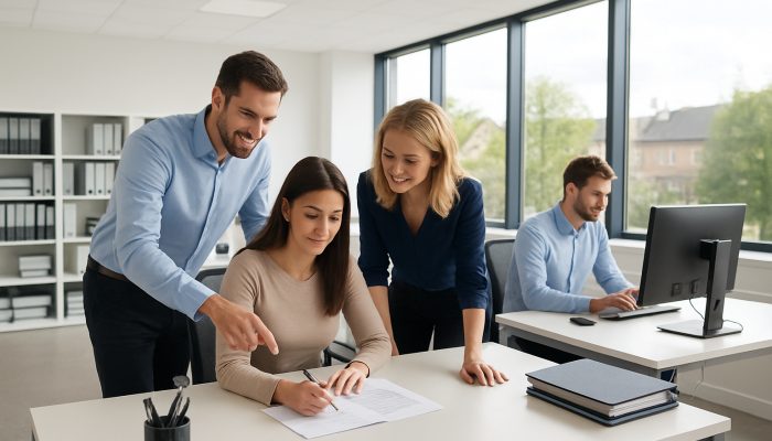 Modern office in Yeovil displaying spotless desks, organised files, and focused employees benefiting from natural light.
