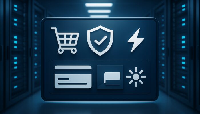 E-commerce dashboard featuring server racks, shopping carts, and secure payment icons to illustrate reliable hosting support.