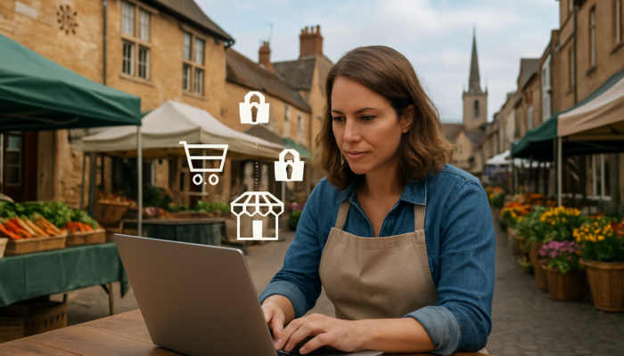 Small business owner in Newent adjusting the WooCommerce dashboard on a laptop amidst market stalls and e-commerce icons.