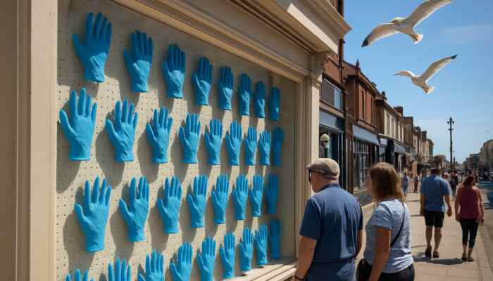 Display of blue latex gloves in a bright Lytham St Annes shop window, illuminated by sunlight and accompanied by soaring seagulls.