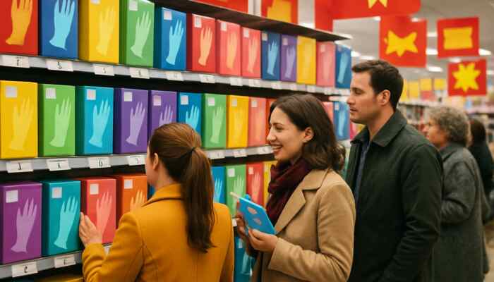 Lively Lytham St Annes shop displaying colourful latex glove boxes, priced between £5 and £15, with eager shoppers comparing selections.