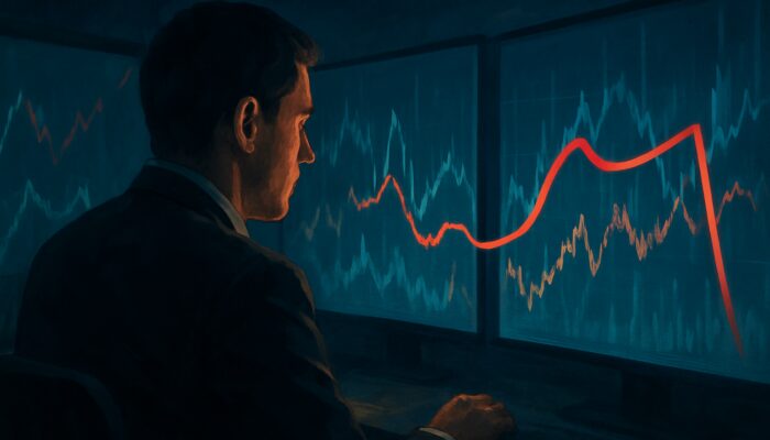 Focused trader monitoring stock charts in a dimly lit room with a protective trailing red line.