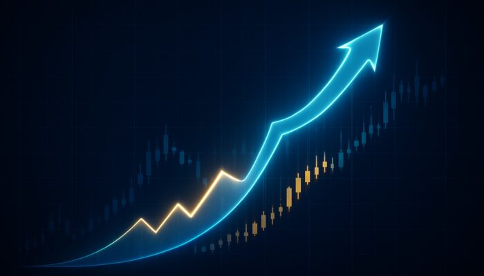 Dynamic stock chart illustrating a glowing trailing stop loss rising with prices and locking during declines.