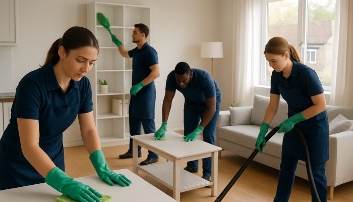 Professional cleaners in uniform tidying a sunlit UK apartment with eco-friendly tools.