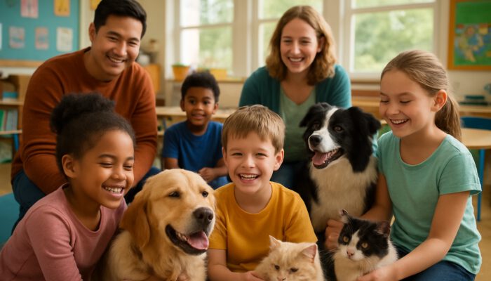 Children and educators interacting with therapy dogs and cats in a cheerful classroom for emotional support.