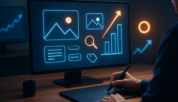 Designer optimising images with alt text, SEO tags, and icons, against glowing Google search graphs and ascending arrows.