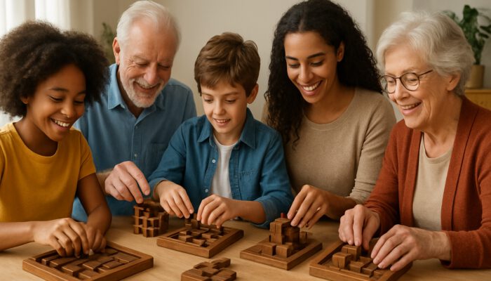 Diverse group of individuals of all ages solving Havana Brown puzzles with focused, joyful expressions in a bright environment.