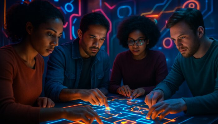 Diverse players engaged in solving puzzles within a futuristic Havana Brown intelligence game environment.