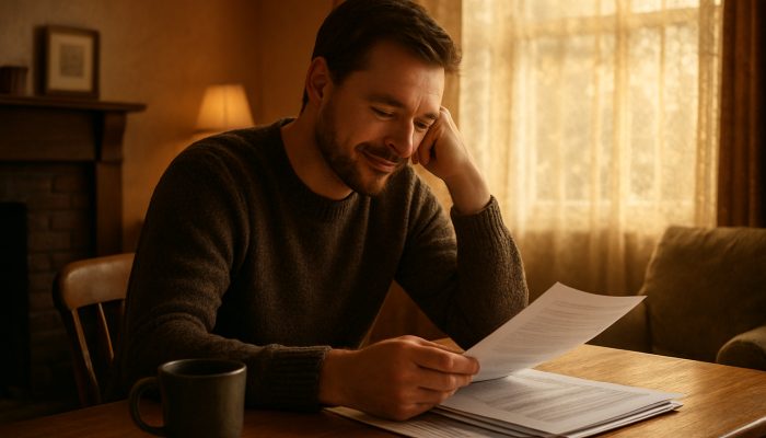 Individual reviewing consolidated debt papers in a comfortable British living room, displaying relief and clarity.