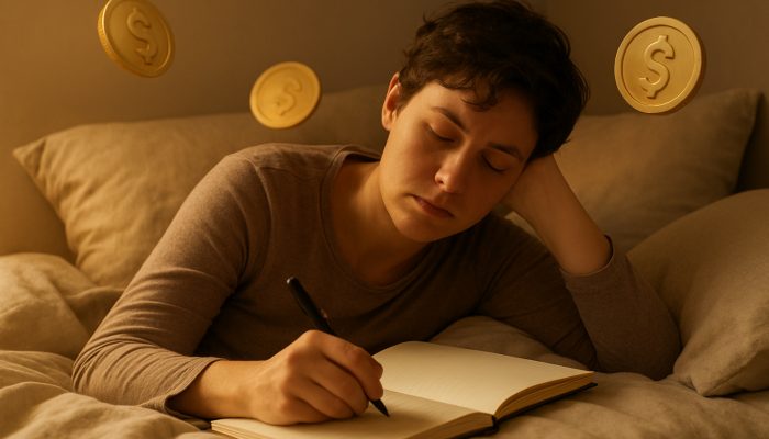 Exhausted individual resting in bed, drafting a gentle debt repayment plan in a journal with warm golden light