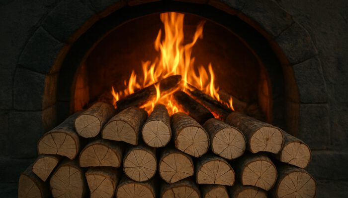 Neatly stacked seasoned firewood fuelling an efficient low-smoke fire in a rustic wood-fired oven at dusk.