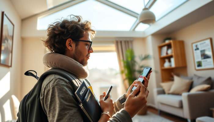 A traveller in a sunlit room arranges a backpack with essentials like passports, snacks, a neck pillow, and tech gadgets while checking a bus schedule on a smartphone.