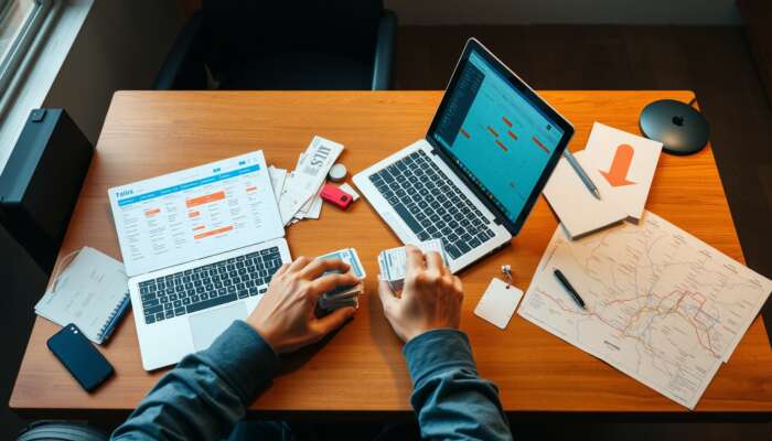 A traveller at a desk, organising a bus journey with a laptop, calendar, tickets, and a route map.