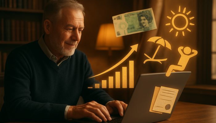 UK investor reviews positive dividend charts on laptop, surrounded by floating pounds and cleared debt receipts