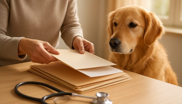 Owner arranging golden retriever vaccination records on sunlit table with stethoscope nearby