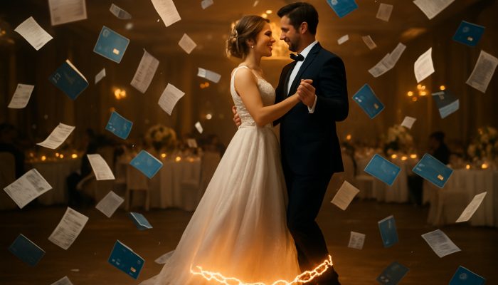 Bride and groom dance at wedding with receipts and credit cards raining amid glowing debt chains