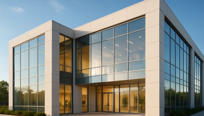 Modern commercial building with pristine windows and welcoming interiors bathed in sunlight.