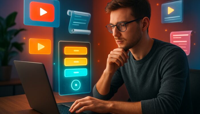 Young creator reviews pricing tiers and YouTube thumbnails on laptop in vibrant studio
